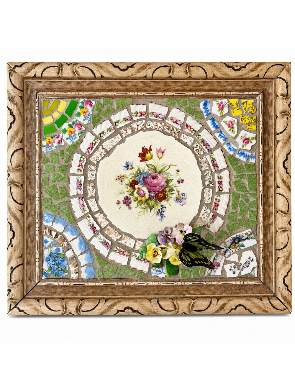 Handmade Broken China Mosaic Framed Wall Art Butterfly Flowers Porcelain 11x13